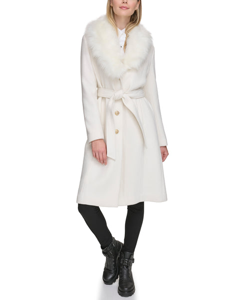 Karl Lagerfeld Paris Belted Wool Blend Coat with Detachable Faux Fur Collar - White