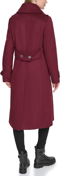 Karl Lagerfeld Paris Double Breasted Tab Detail Wool Blend Maxi Peacoat - Burgundy