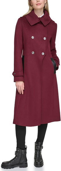 Karl Lagerfeld Paris Double Breasted Tab Detail Wool Blend Maxi Peacoat - Burgundy