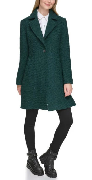 Karl Lagerfeld Paris Single Breasted Wool Blend Boucle Coat - Emerald Green