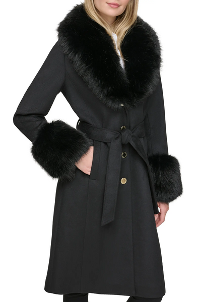 Karl Lagerfeld Paris Belted Wool Blend Coat with Faux Fur Collar & Cuffs - Black