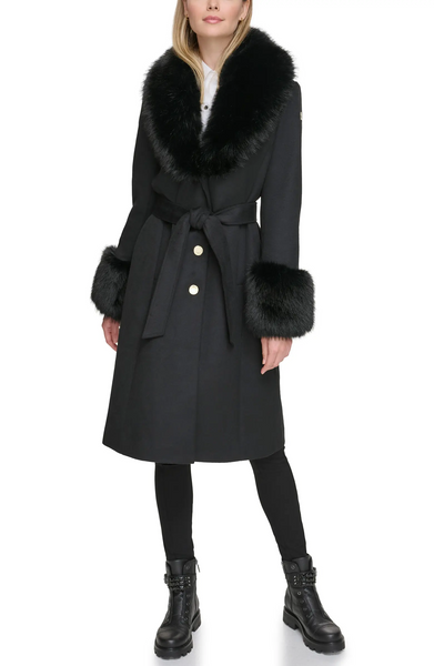 Karl Lagerfeld Paris Belted Wool Blend Coat with Faux Fur Collar & Cuffs - Black