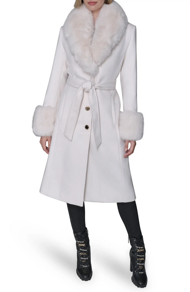 Karl Lagerfeld Paris Belted Wool Blend Coat with Faux Fur Collar & Cuffs - White