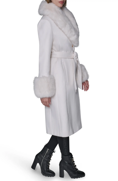 Karl Lagerfeld Paris Belted Wool Blend Coat with Faux Fur Collar & Cuffs - White