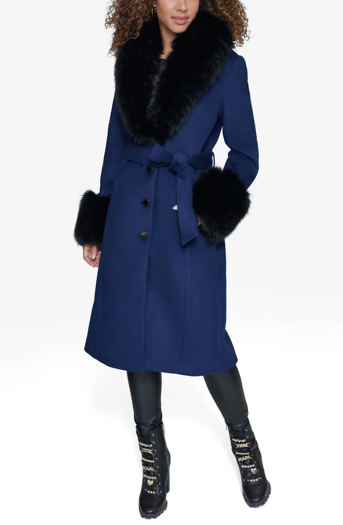 Karl Lagerfeld Paris Belted Wool Blend Coat with Faux Fur Collar Cuf Rippe s