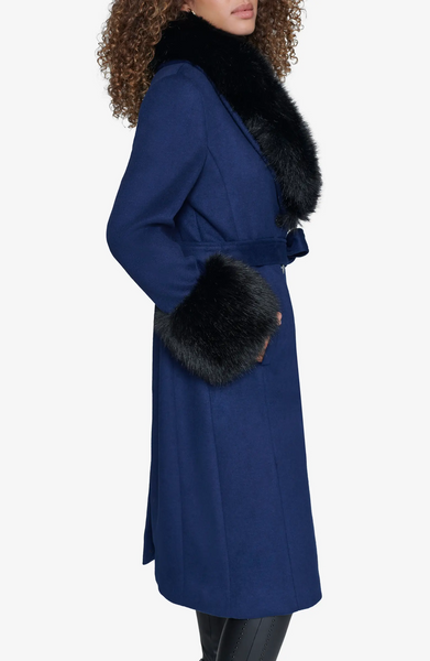 Karl Lagerfeld Paris Belted Wool Blend Coat with Faux Fur Collar & Cuffs - Sapphire