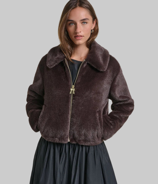 Karl Lagerfeld Paris Cropped Faux Fur Zip Front Jacket - Java