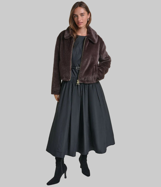 Karl Lagerfeld Paris Cropped Faux Fur Zip Front Jacket - Java