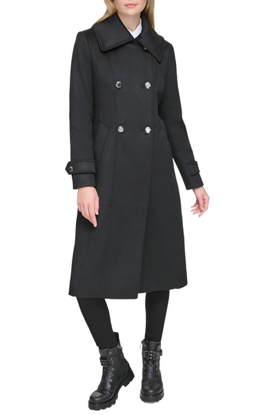 Karl Lagerfeld Paris Double Breasted Tab Cuff Wool Blend Coat - Black