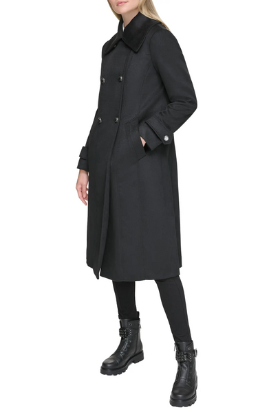 Karl Lagerfeld Paris Double Breasted Tab Cuff Wool Blend Coat - Black