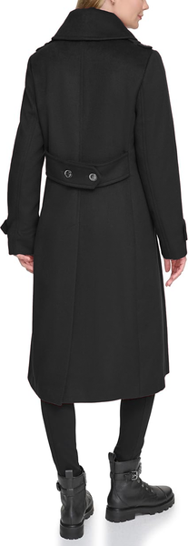 Karl Lagerfeld Paris Double Breasted Tab Detail Wool Blend Maxi Peacoat - Black