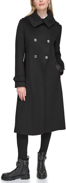 Karl Lagerfeld Paris Double Breasted Tab Detail Wool Blend Maxi Peacoat - Black