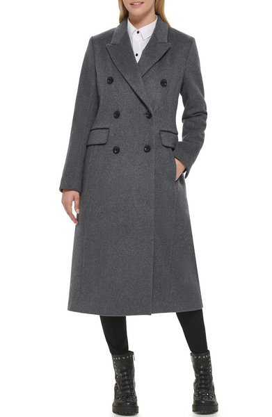 Karl Lagerfeld Paris Double Breasted Wool Blend Midi Coat  - Grey
