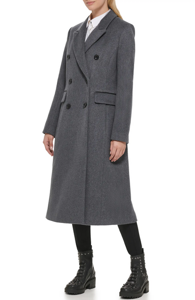 Karl Lagerfeld Paris Double Breasted Wool Blend Midi Coat  - Grey