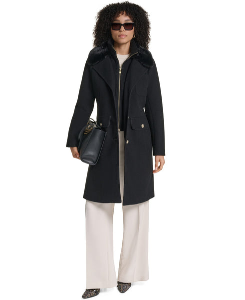 Karl Lagerfeld Paris Faux Fur Collar Walker Coat with Zip-In Bib - Black