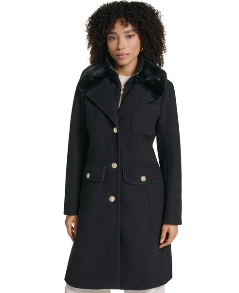 Karl Lagerfeld Paris Faux Fur Collar Walker Coat with Zip-In Bib - Black