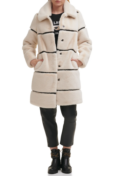Karl Lagerfeld Paris Paneled Faux Fur Coat - Oyster *Take an EXTRA 25% Off*