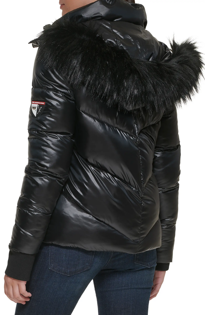 Karl Lagerfeld Paris Aprés Ski Faux Fur Trim Hood Water Resistant Chevron Puffer Jacket - Black
