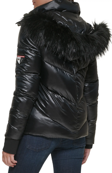 Karl Lagerfeld Paris Aprés Ski Faux Fur Trim Hood Water Resistant Chevron Puffer Jacket - Black *Take an EXTRA 25% Off*