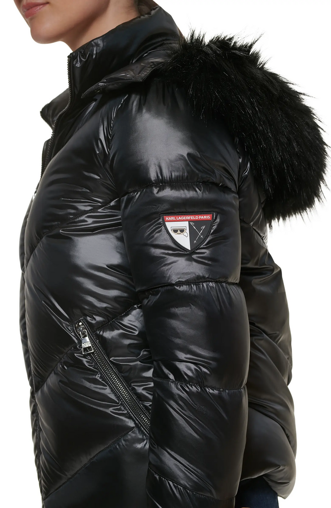 Karl Lagerfeld Paris Aprés Ski Faux Fur Trim Hood Water Resistant Chevron Puffer Jacket - Black