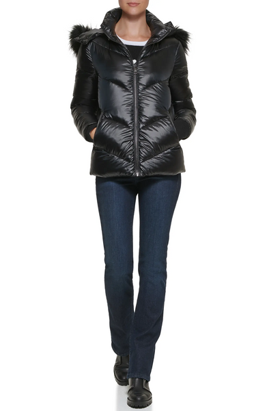 Karl Lagerfeld Paris Aprés Ski Faux Fur Trim Hood Water Resistant Chevron Puffer Jacket - Black *Take an EXTRA 25% Off*