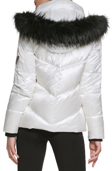 Karl Lagerfeld Paris Aprés Ski Faux Fur Trim Hood Water Resistant Chevron Puffer Jacket - White