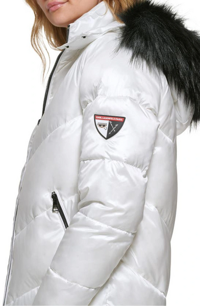 Karl Lagerfeld Paris Aprés Ski Faux Fur Trim Hood Water Resistant Chevron Puffer Jacket - White