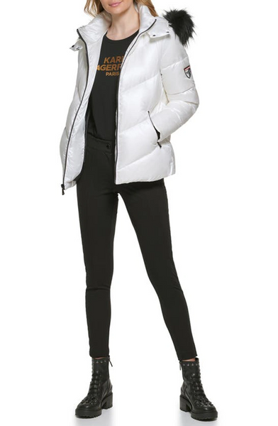 Karl Lagerfeld Paris Aprés Ski Faux Fur Trim Hood Water Resistant Chevron Puffer Jacket - White *Take an EXTRA 25% Off*
