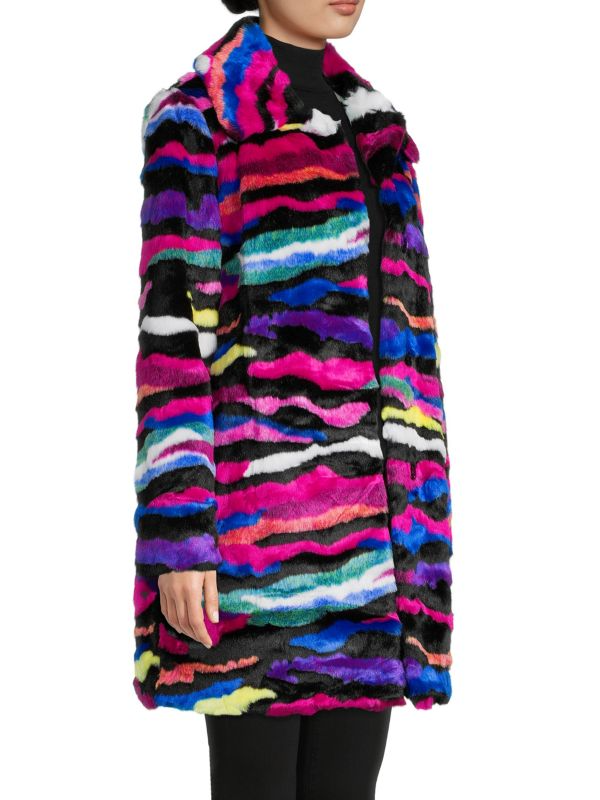 Karl Lagerfeld Paris Multicolor Stripe Faux Fur Coat - Rainbow