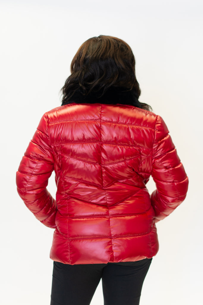 Karl Lagerfeld Paris Faux Fur Collar Water Resistant Zip Front Short Puffer Jacket - Red