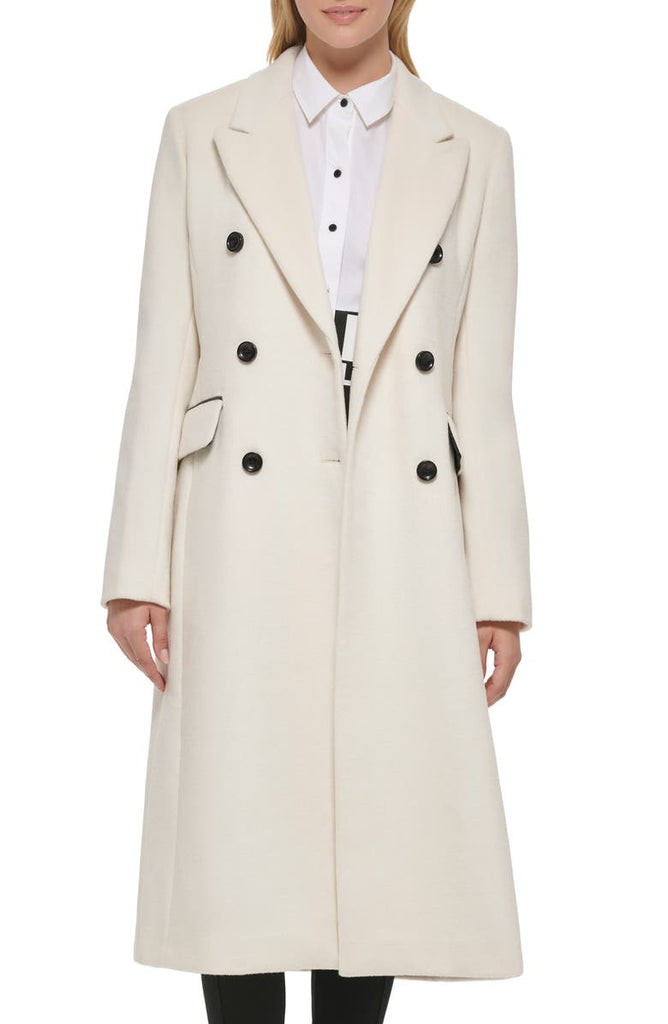 Karl Lagerfeld Paris Double Breasted Wool Blend Midi Coat - White
