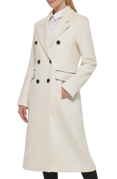 Karl Lagerfeld Paris Double Breasted Wool Blend Midi Coat - White