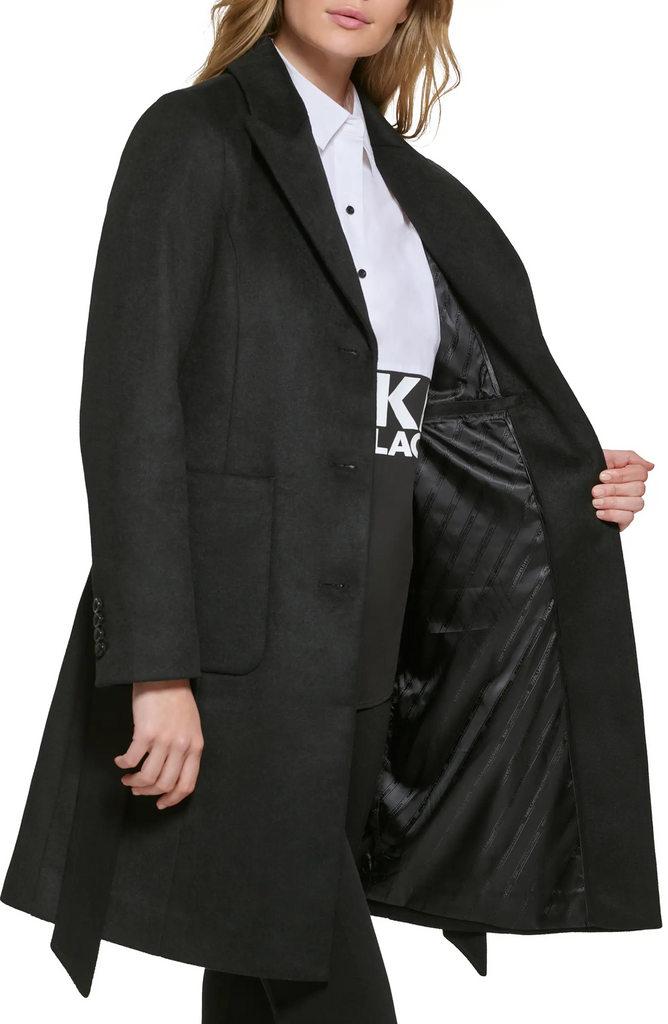 Karl Lagerfeld Paris Belted Wool Blend Patch Pocket Coat - Black
