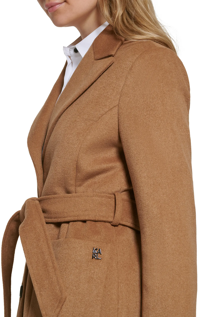 Karl Lagerfeld Paris Belted Wool Blend Patch Pocket Coat - Camel