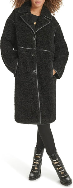 Karl Lagerfeld Paris Oversized Faux Shearling Coat with Faux Leather Trim - Black