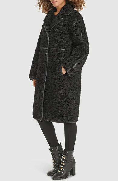 Karl Lagerfeld Paris Oversized Faux Shearling Coat with Faux Leather Trim - Black