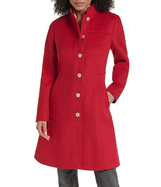 Karl Lagerfeld Paris Wool Blend Stand Collar Button Front Coat - Red
