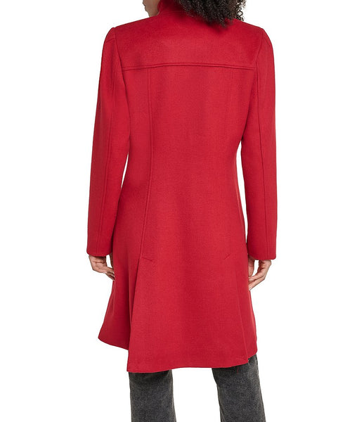 Karl Lagerfeld Paris Wool Blend Stand Collar Button Front Coat - Red