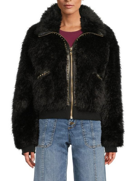 Karl Lagerfeld Paris Faux Fur Bomber Jacket - Black