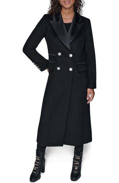 Karl Lagerfeld Paris Double Breasted Wool Blend Longline Tuxedo Coat - Black