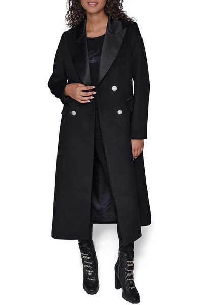 Karl Lagerfeld Paris Double Breasted Wool Blend Longline Tuxedo Coat - Black
