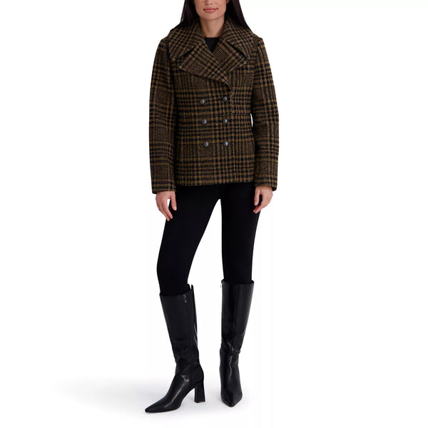 Kenneth Cole Double Breasted Plaid Wool Blend Peacoat - Brown/Black