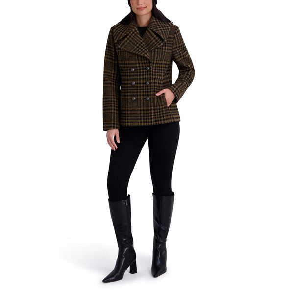 Kenneth Cole Double Breasted Plaid Wool Blend Peacoat - Brown/Black