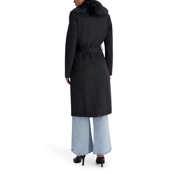 Kenneth Cole Button Front Closure Vegan Suede Coat with Faux Fur Collar - Black