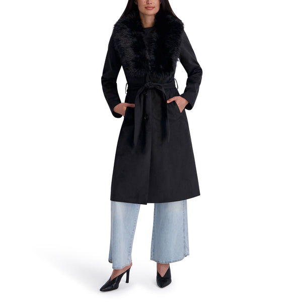 Kenneth Cole Button Front Closure Vegan Suede Coat with Faux Fur Collar - Black