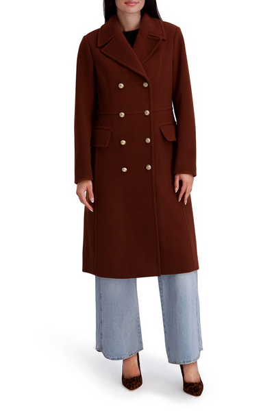 Kenneth Cole Double Breasted Military-Inspired Flap Pocket Coat - Toffee Brown