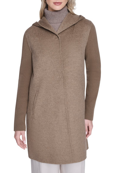 Kenneth Cole Ribbed Sleeve Hooded Wool Blend Coat - Nutmeg Brown