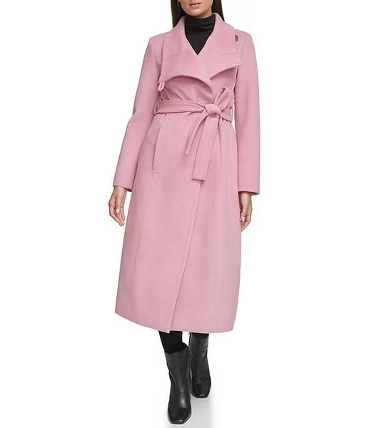 Kenneth Cole Convertible Collar Wool Blend Belted Maxi Coat - Pink