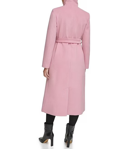 Kenneth Cole Convertible Collar Wool Blend Belted Maxi Coat - Pink