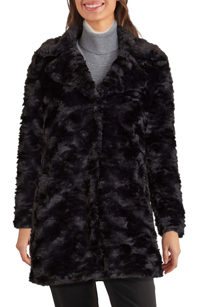 Kenneth Cole Textured Faux Fur Coat Black Rippe s